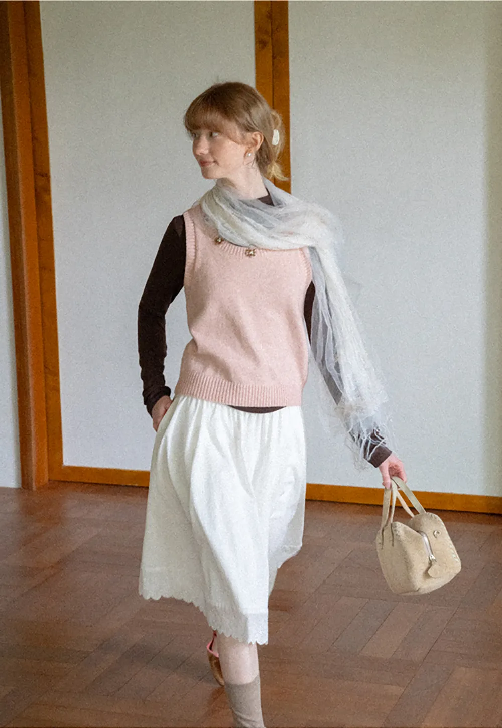 Pleated Skirt with Eyelet Lace Hem
