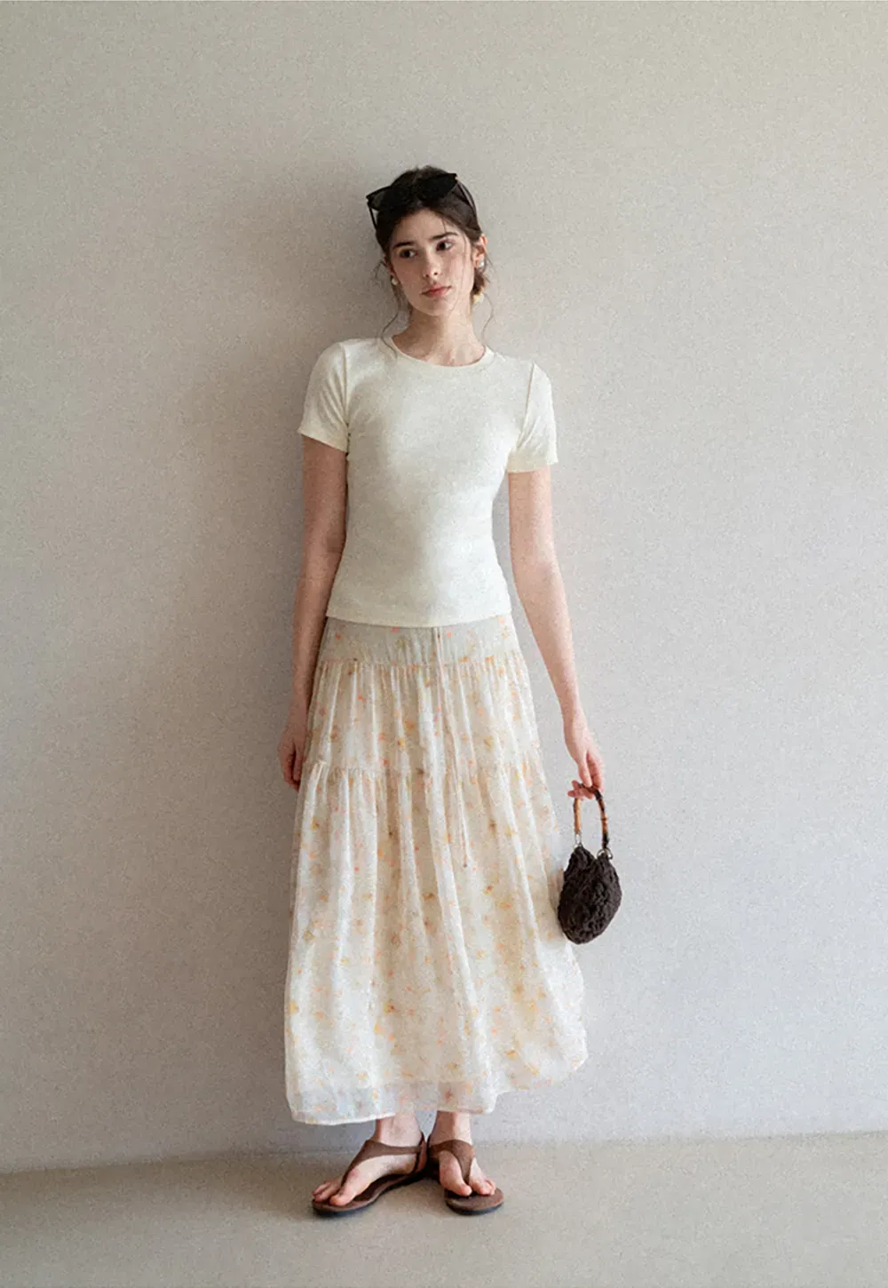 Flowy floral print maxi skirt with tiered layers