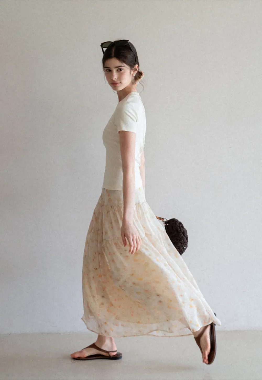 Flowy floral print maxi skirt with tiered layers