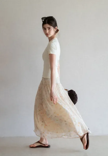 Flowy floral print maxi skirt with tiered layers