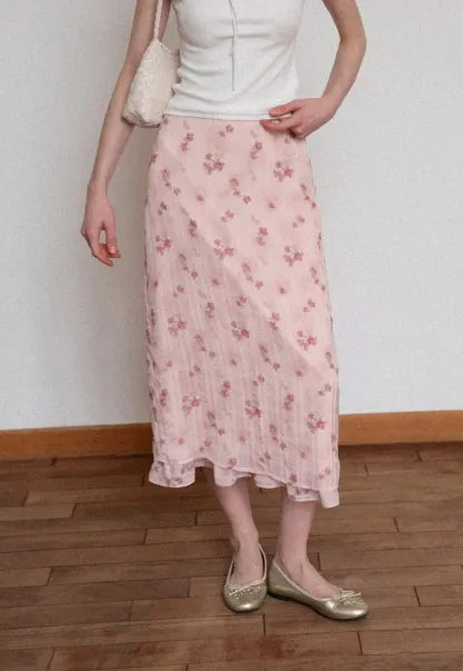 Floral Print Lightweight Flowy Midi Skirt