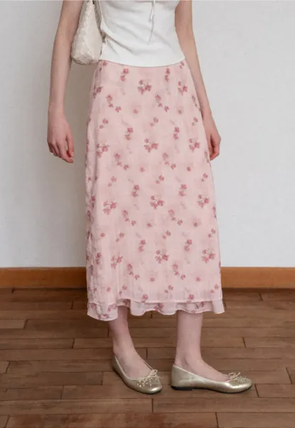 Floral Print Lightweight Flowy Midi Skirt