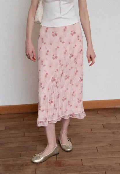 Floral Print Lightweight Flowy Midi Skirt