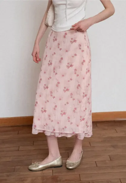 Floral Print Lightweight Flowy Midi Skirt