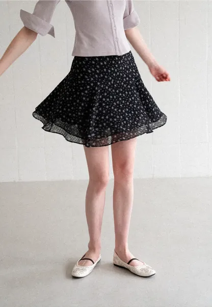 Floral Print Layered A Line Skirt