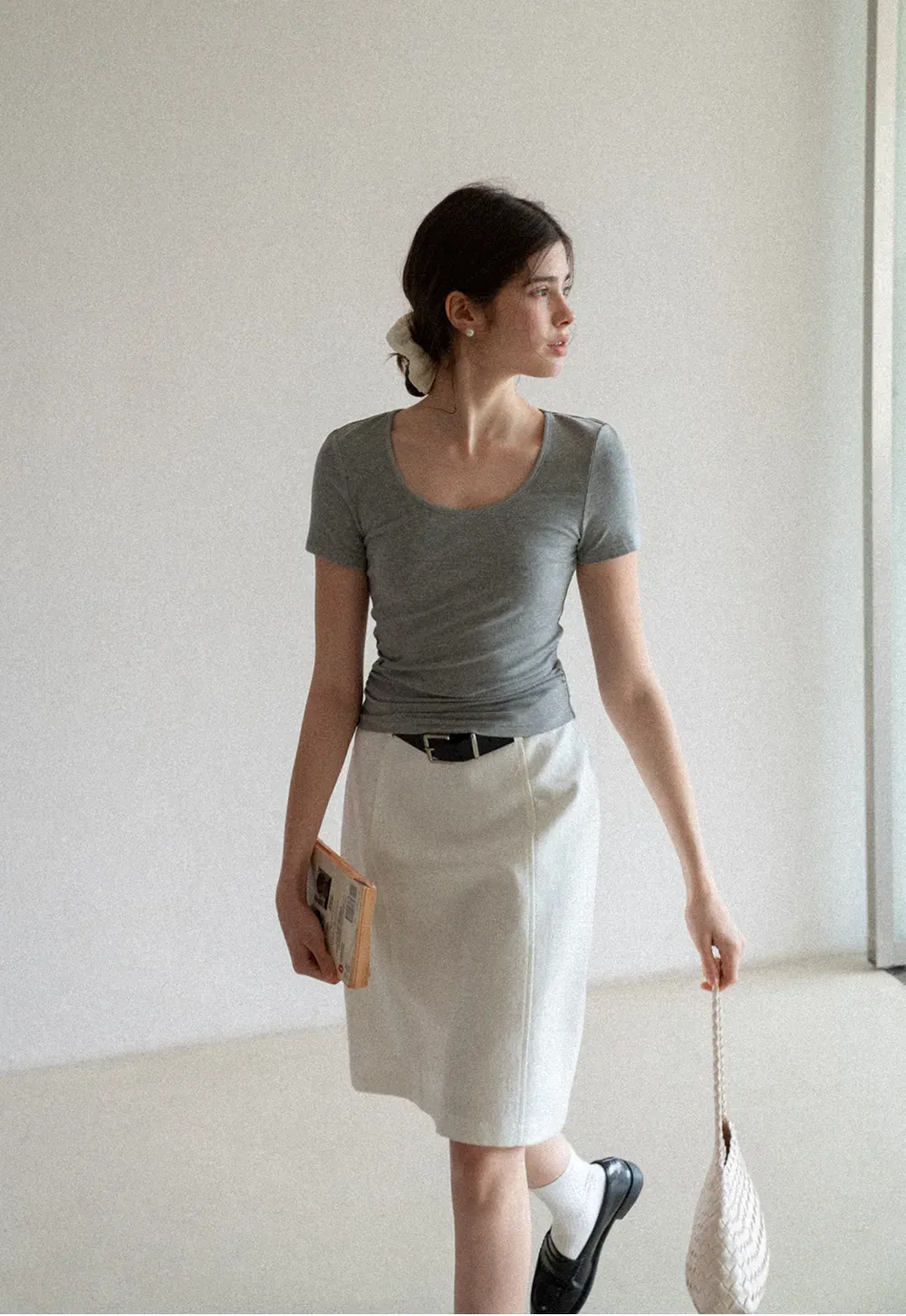A-line knee length skirt with front seam and belt loop