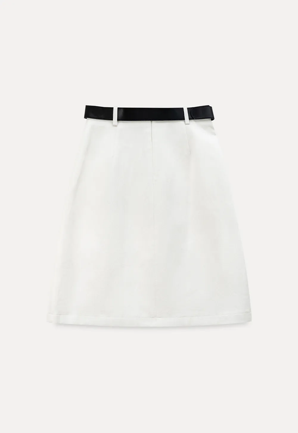 A-line knee length skirt with front seam and belt loop