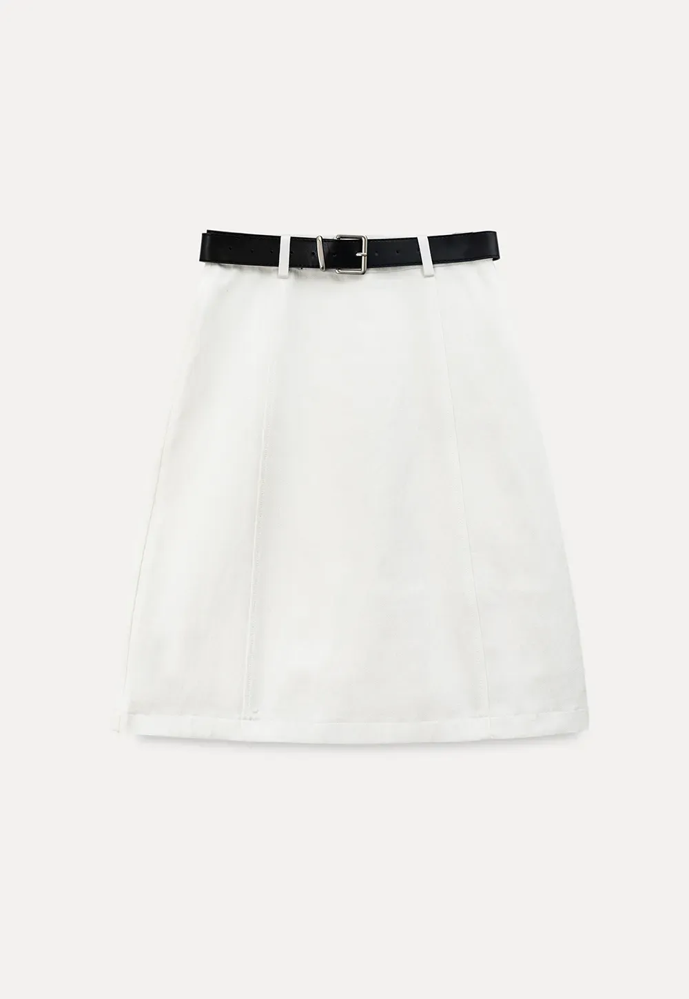 A-line knee length skirt with front seam and belt loop