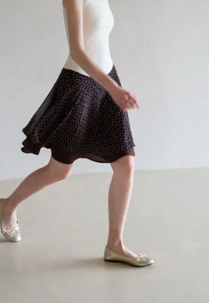 Polka Dot Print Flared Skirt with Layered Hem
