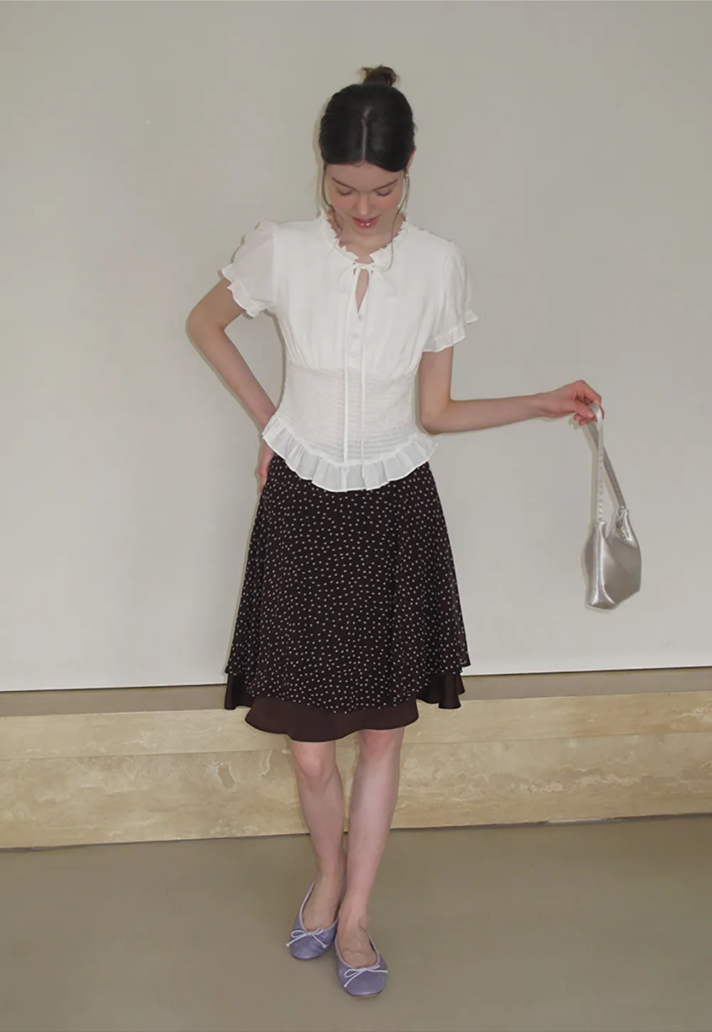 Polka Dot Print Flared Skirt with Layered Hem