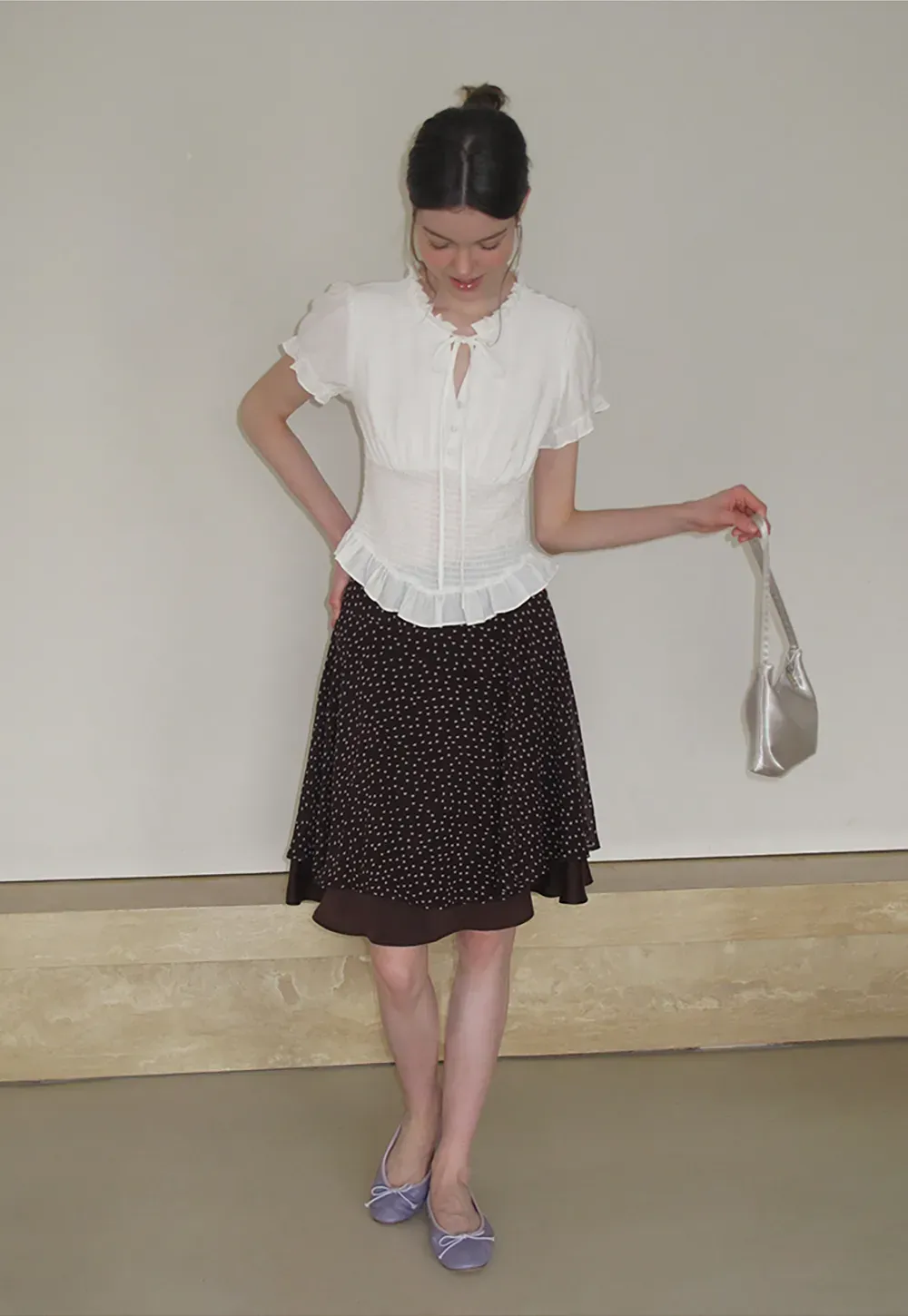 Polka Dot Print Flared Skirt with Layered Hem