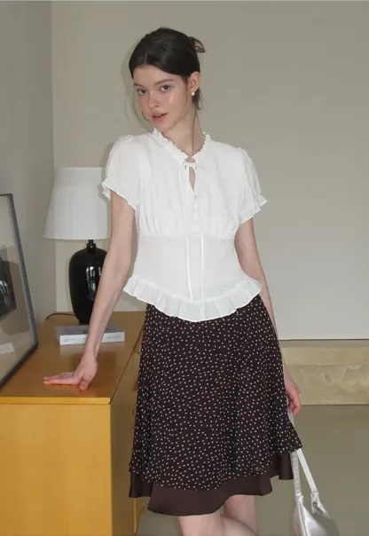 Polka Dot Print Flared Skirt with Layered Hem