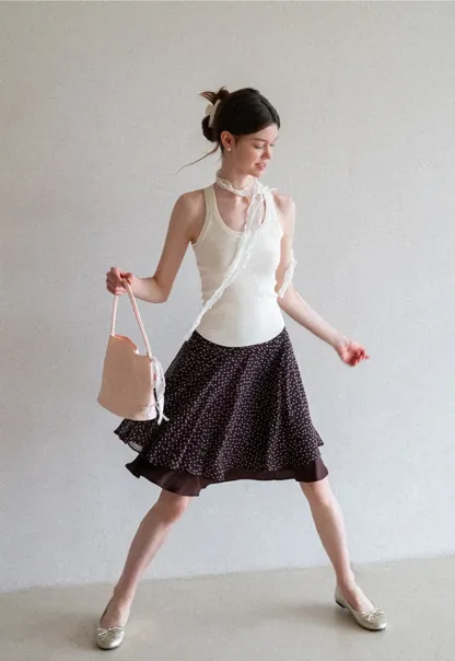 Polka Dot Print Flared Skirt with Layered Hem