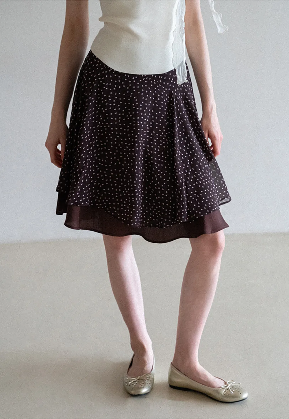 Polka Dot Print Flared Skirt with Layered Hem