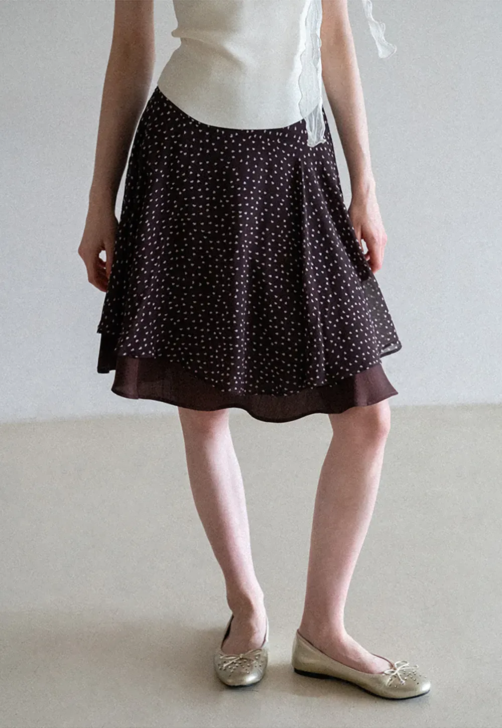 Polka Dot Print Flared Skirt with Layered Hem