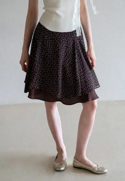 Polka Dot Print Flared Skirt with Layered Hem