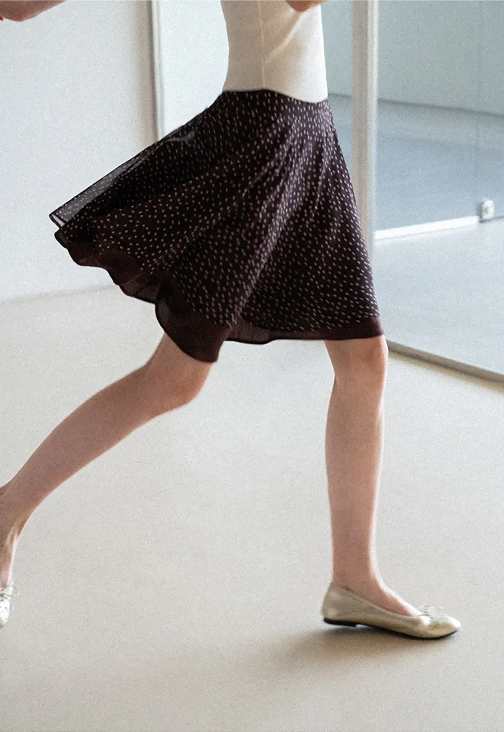 Polka Dot Print Flared Skirt with Layered Hem
