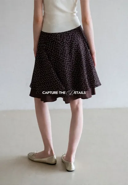 Polka Dot Print Flared Skirt with Layered Hem