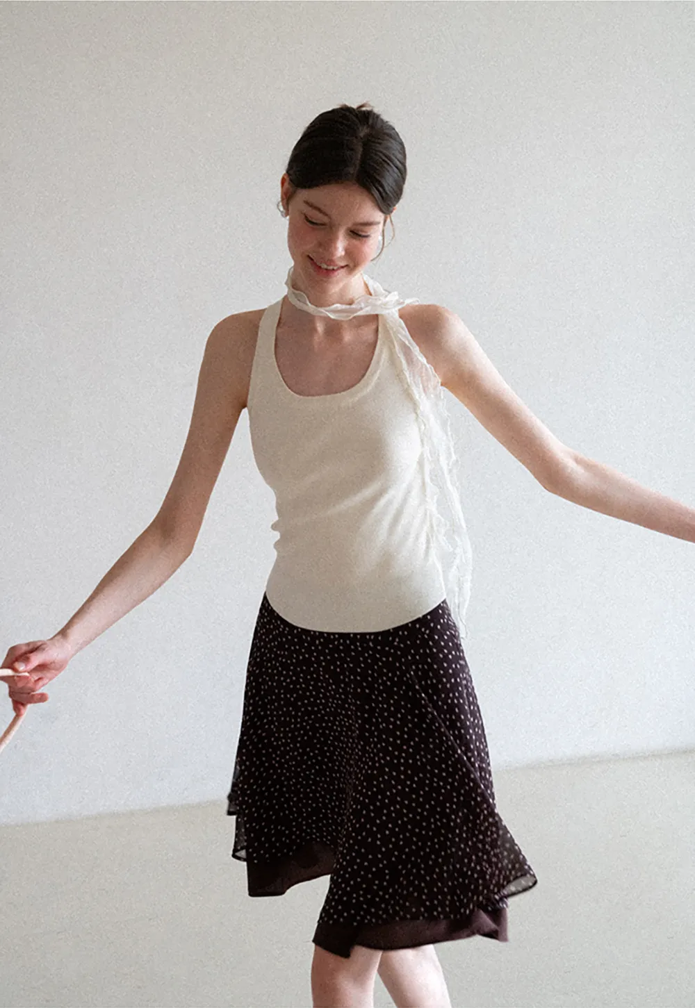 Polka Dot Print Flared Skirt with Layered Hem