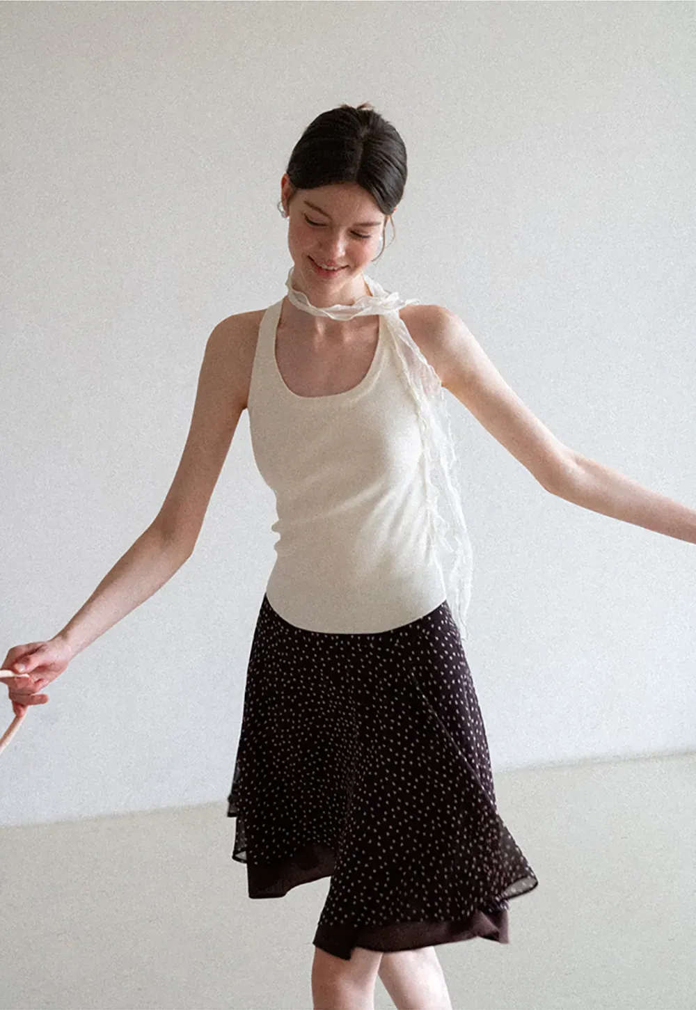 Polka Dot Print Flared Skirt with Layered Hem