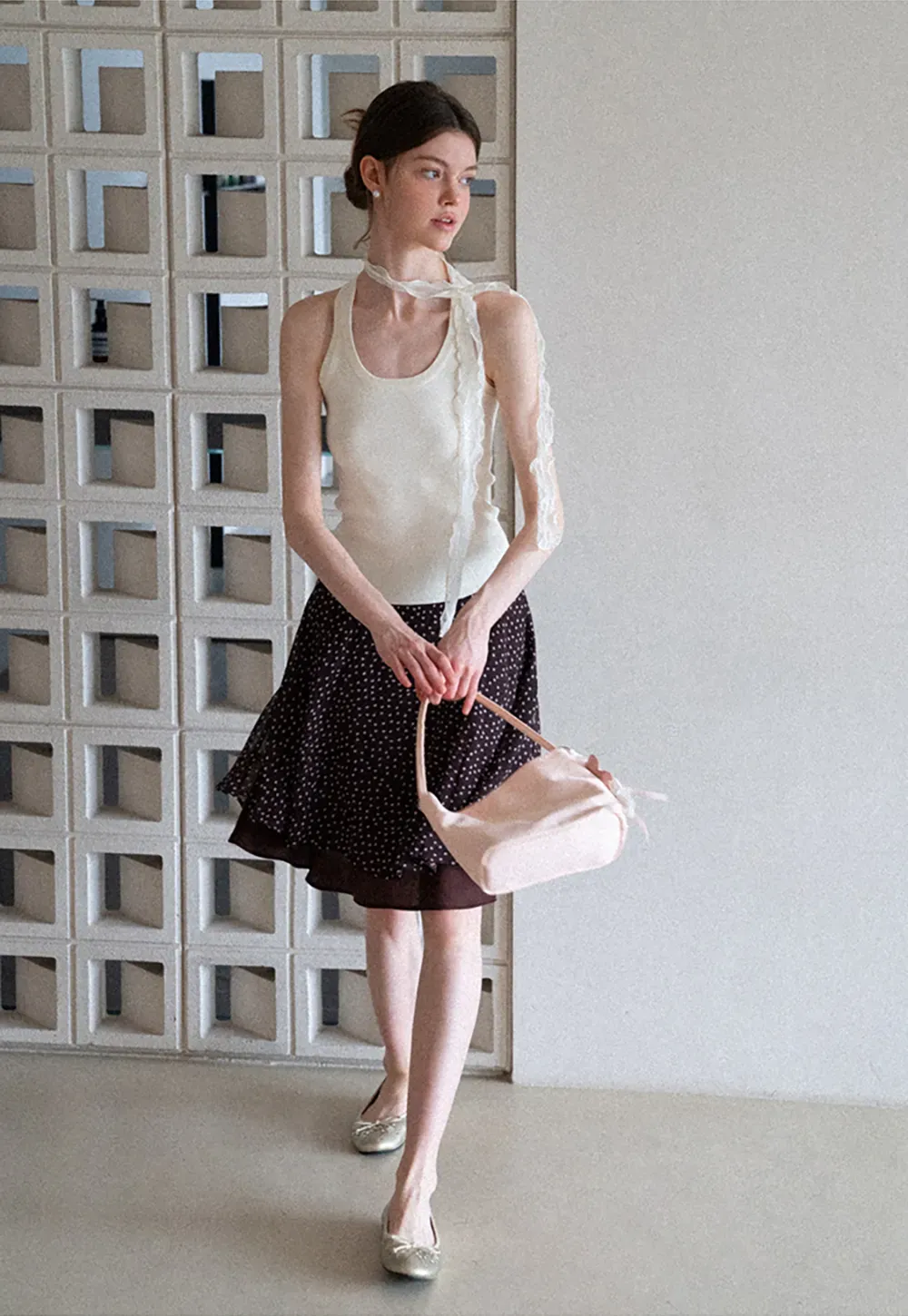 Polka Dot Print Flared Skirt with Layered Hem