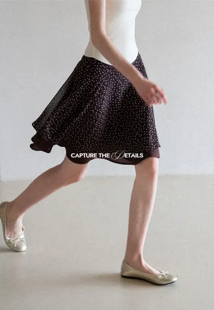 Polka Dot Print Flared Skirt with Layered Hem