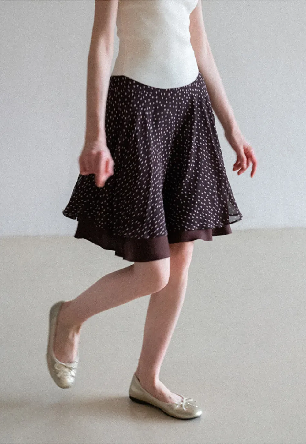 Polka Dot Print Flared Skirt with Layered Hem