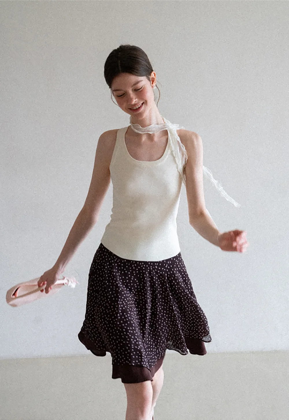 Polka Dot Print Flared Skirt with Layered Hem