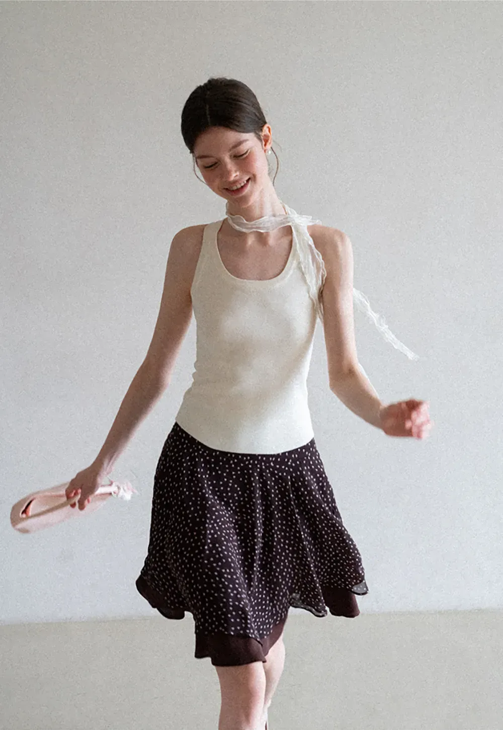Polka Dot Print Flared Skirt with Layered Hem