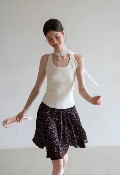 Polka Dot Print Flared Skirt with Layered Hem