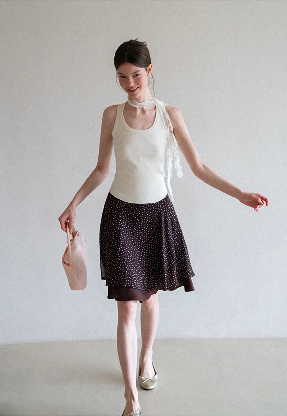 Polka Dot Print Flared Skirt with Layered Hem