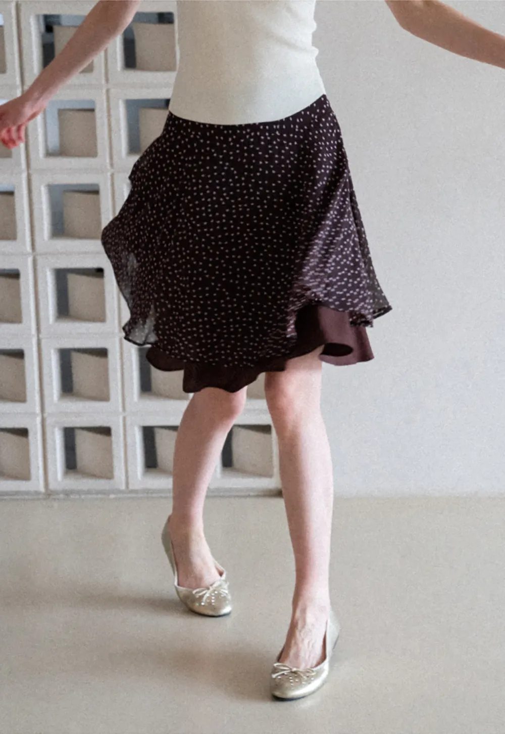 Polka Dot Print Flared Skirt with Layered Hem