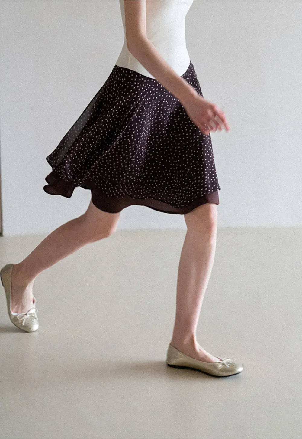 Polka Dot Print Flared Skirt with Layered Hem