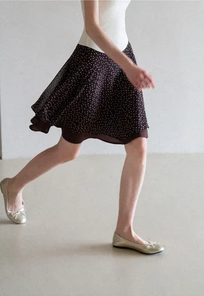 Polka Dot Print Flared Skirt with Layered Hem