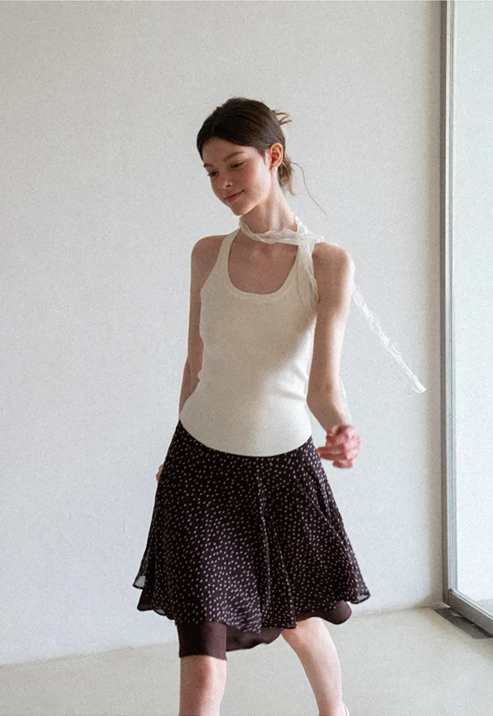 Polka Dot Print Flared Skirt with Layered Hem