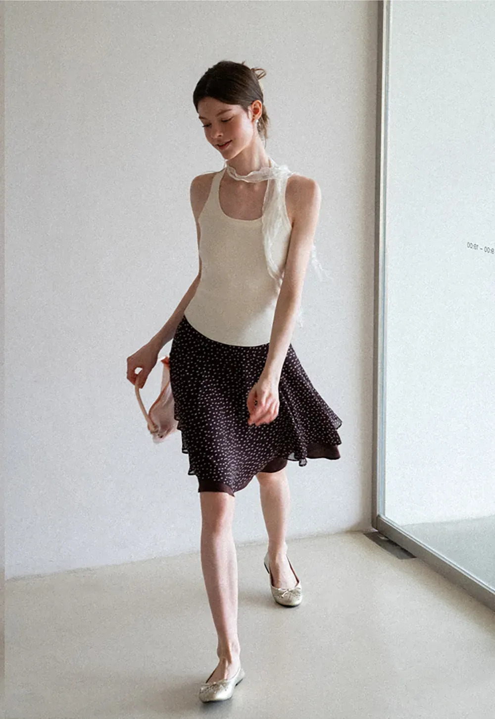 Polka Dot Print Flared Skirt with Layered Hem