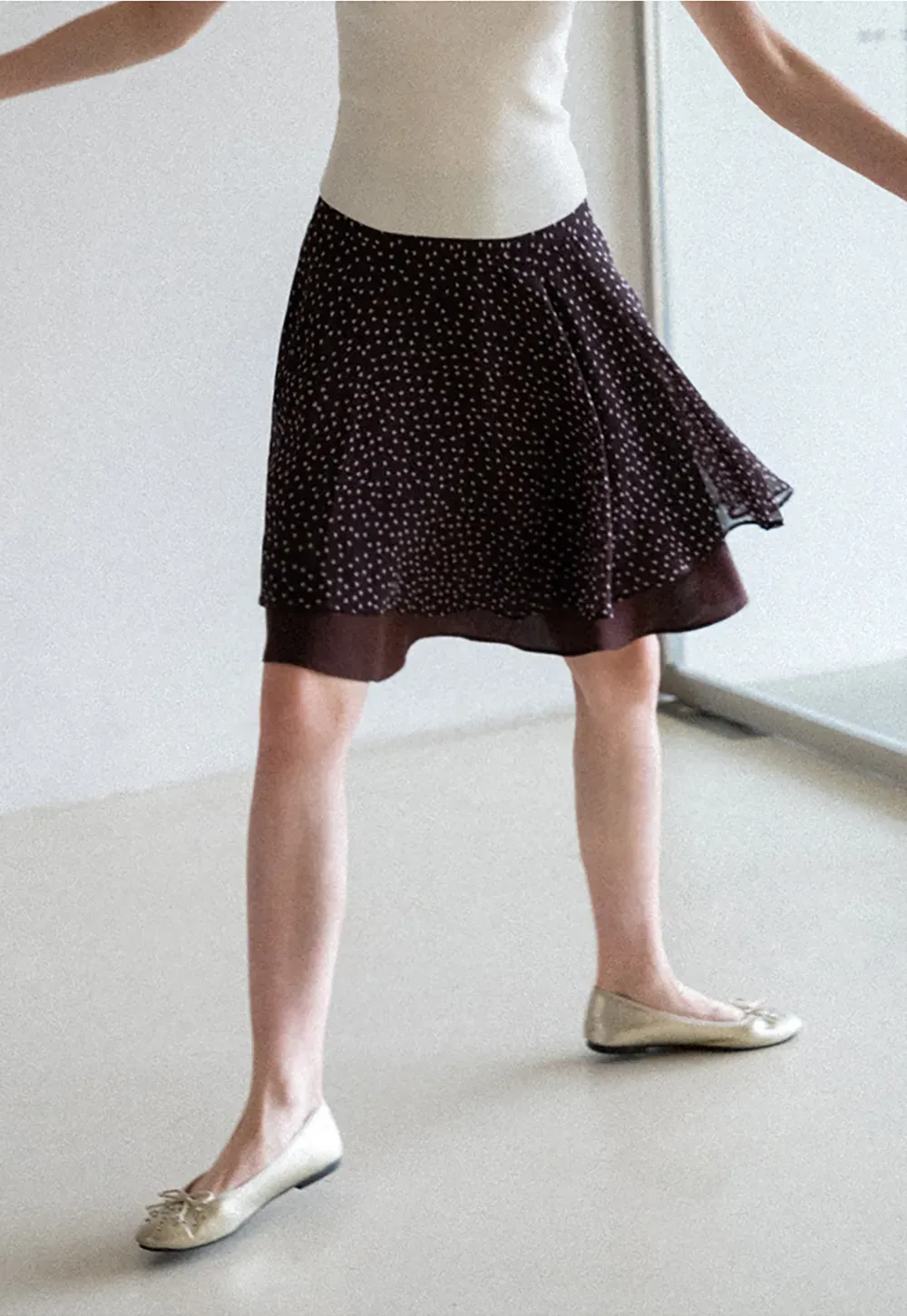 Polka Dot Print Flared Skirt with Layered Hem