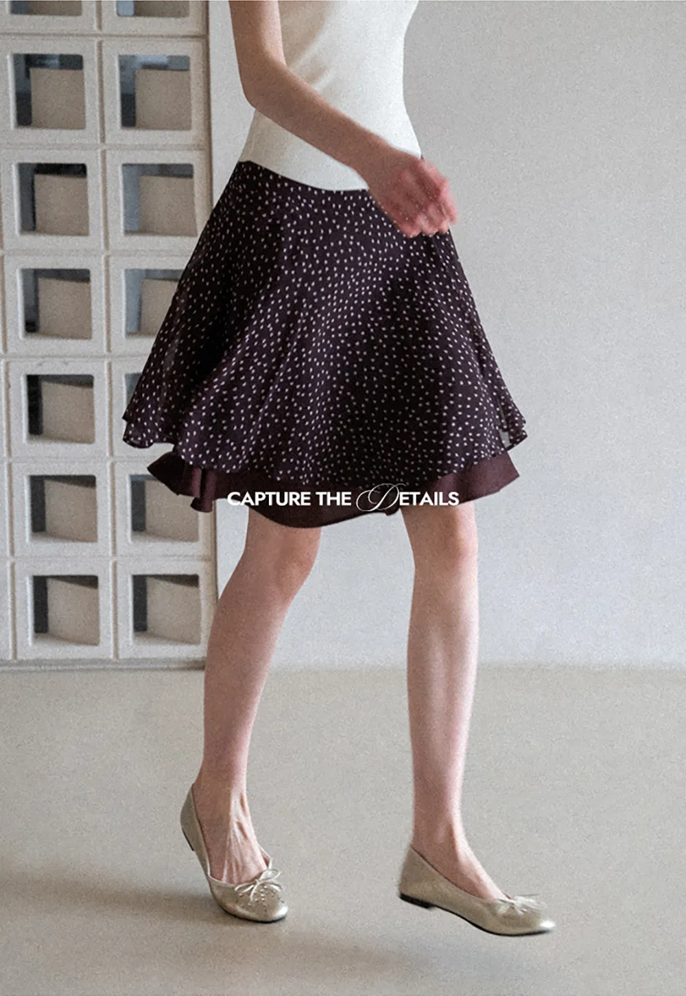 Polka Dot Print Flared Skirt with Layered Hem