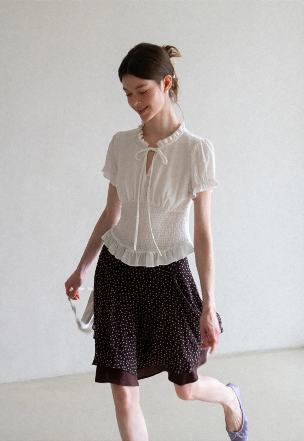 Polka Dot Print Flared Skirt with Layered Hem