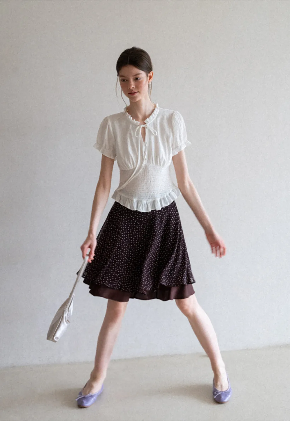 Polka Dot Print Flared Skirt with Layered Hem