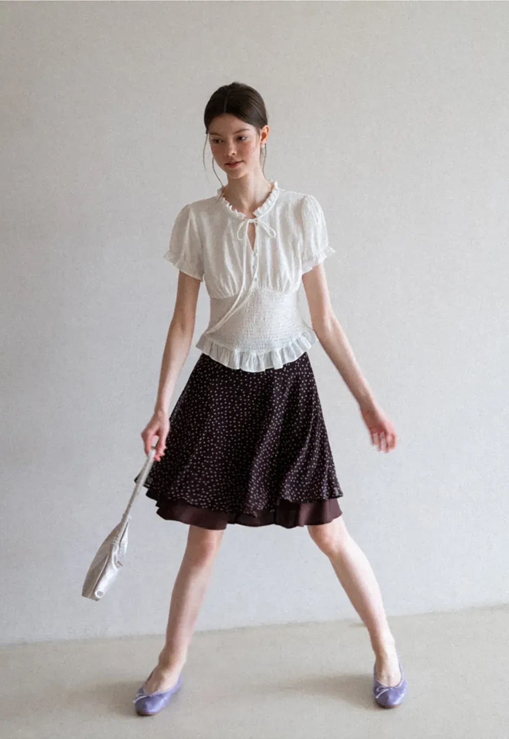Polka Dot Print Flared Skirt with Layered Hem