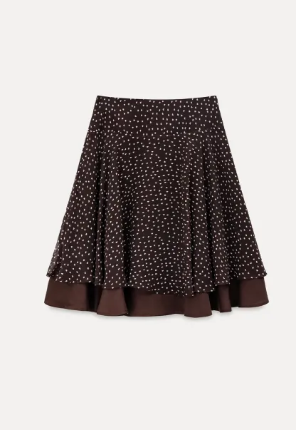 Polka Dot Print Flared Skirt with Layered Hem