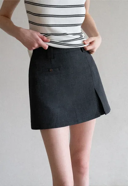 High Waist A Line Mini Skirt With Front Slit And Button Detail