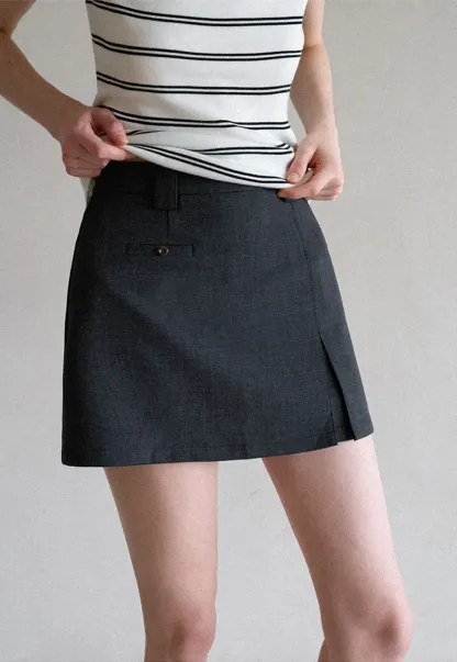 High Waist A Line Mini Skirt With Front Slit And Button Detail