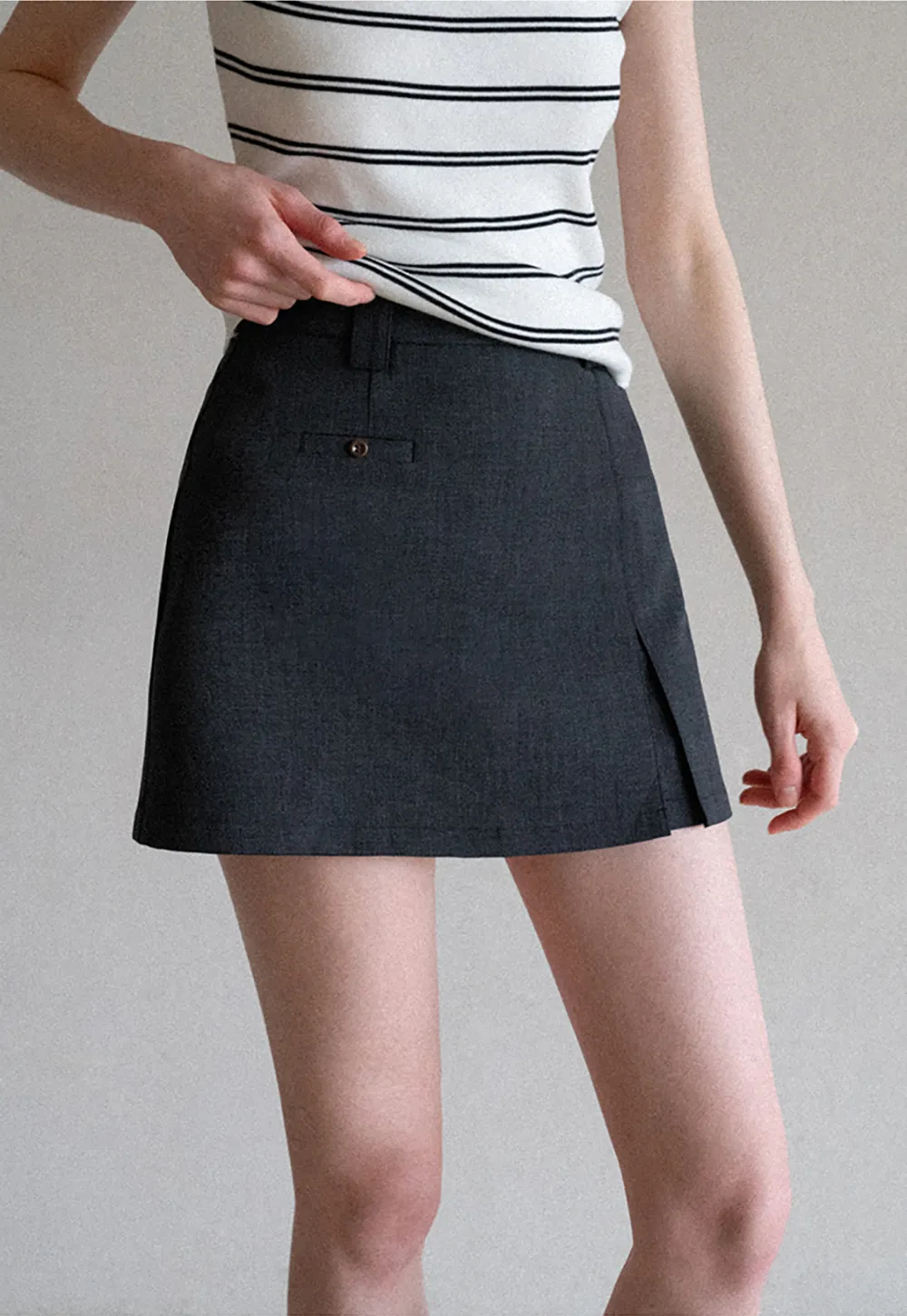 High Waist A Line Mini Skirt With Front Slit And Button Detail