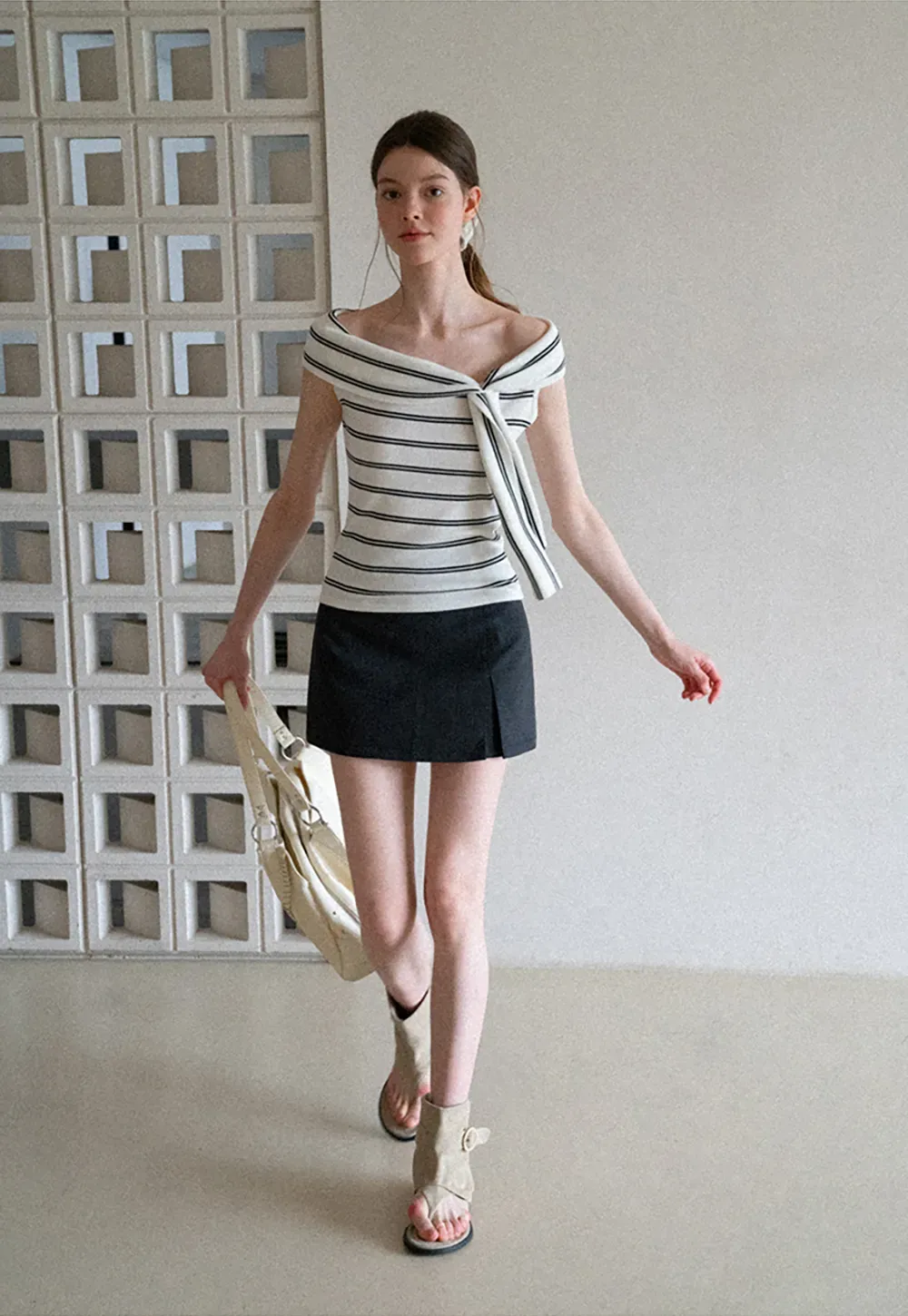High Waist A Line Mini Skirt With Front Slit And Button Detail