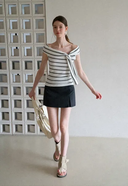 High Waist A Line Mini Skirt With Front Slit And Button Detail