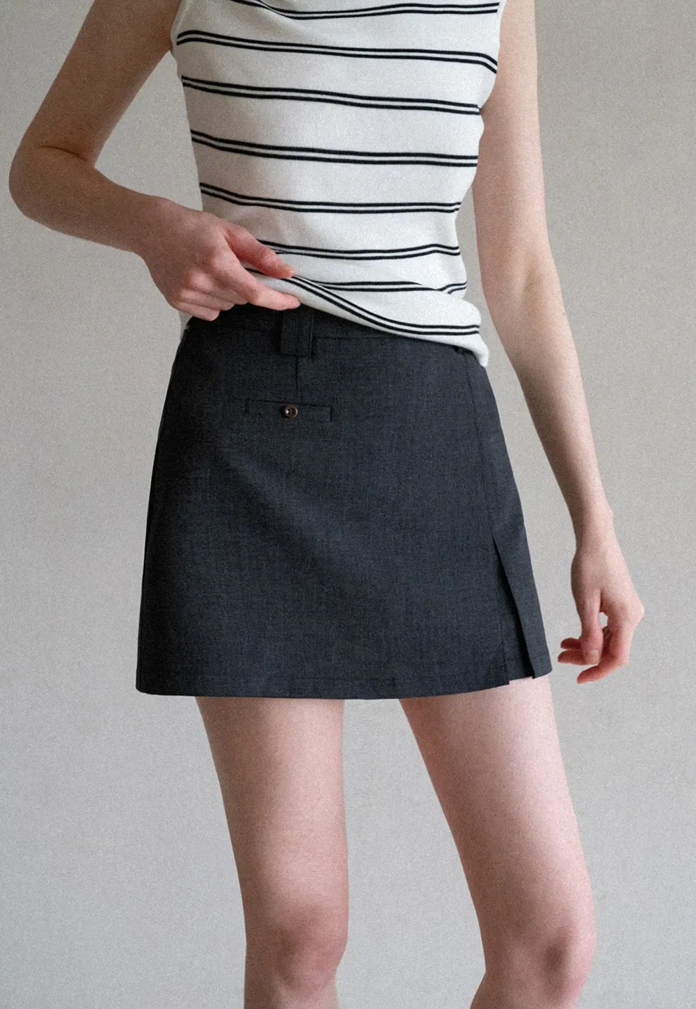 High Waist A Line Mini Skirt With Front Slit And Button Detail