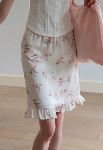 Floral Print Ruffled Hem Skirt