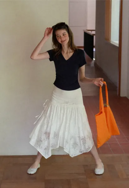 Lace Embroidered Asymmetrical Hem Skirt